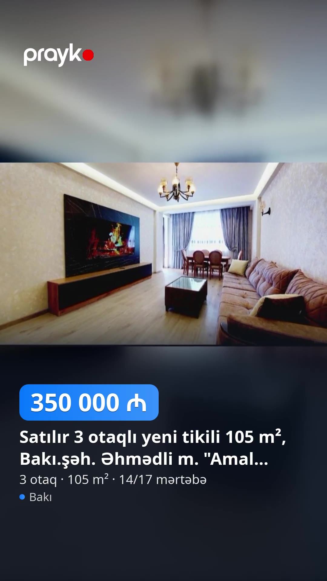 Satılır 3 otaqlı yeni tikili 105 m², Bakı.şəh. Əhmədli m. "Amal 2015" MTK — 350 000 ₼, Bakı