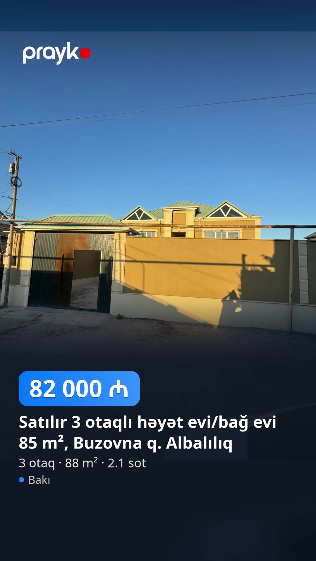 Satılır 3 otaqlı həyət evi/bağ evi 85 m², Buzovna q. Albalılıq — 82 000 ₼, Bakı