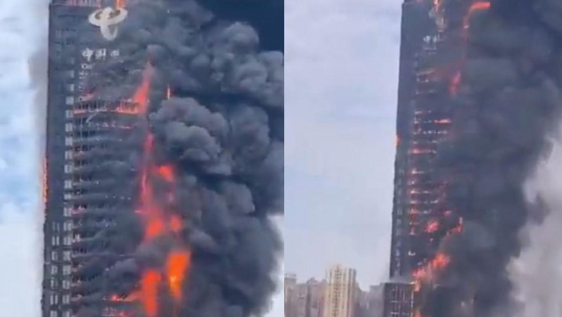 Çində 200 metrlik China-Telecom göydələni 20 dəqiqədə yanıb kül oldu (VİDEO)