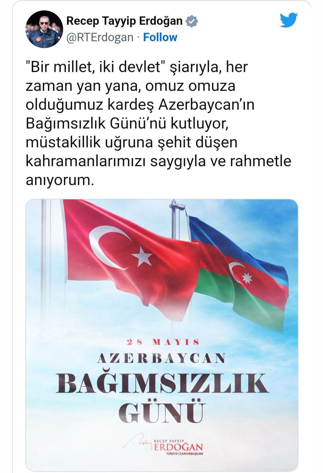 Ərdoğan Azərbaycanı təbrik etdi