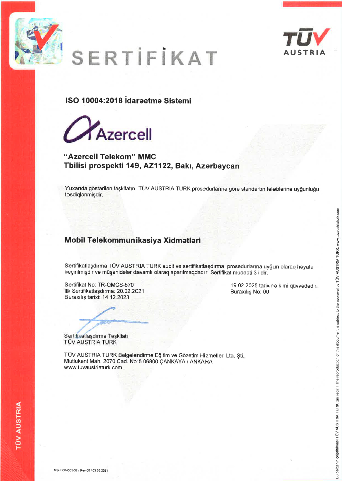 "Azercell Telecom" keyfiyyətin idarə olunması üzrə beynəlxalq sertifikata layiq görüldü (FOTO)
