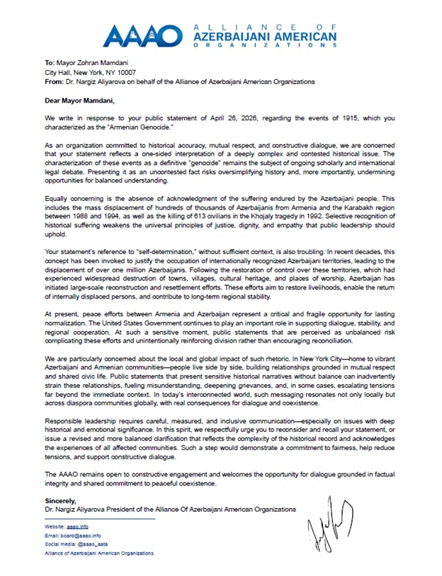 Dünya azərbaycanlıları Nyu-York merinə müraciət etdi