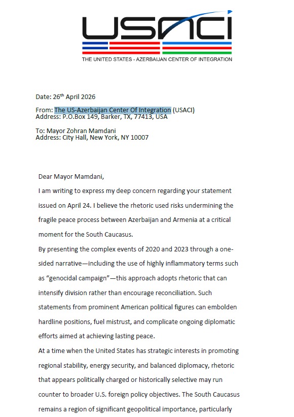 Dünya azərbaycanlıları Nyu-York merinə müraciət etdi