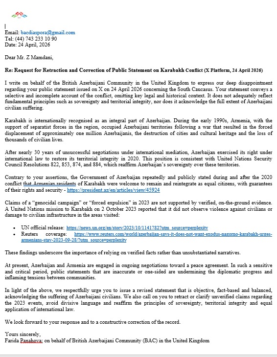 Dünya azərbaycanlıları Nyu-York merinə müraciət etdi