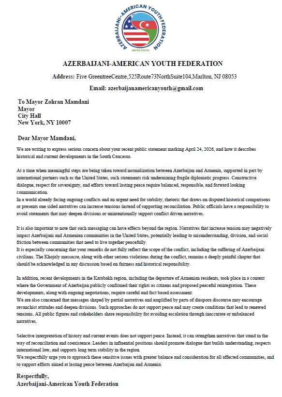 Dünya azərbaycanlıları Nyu-York merinə müraciət etdi