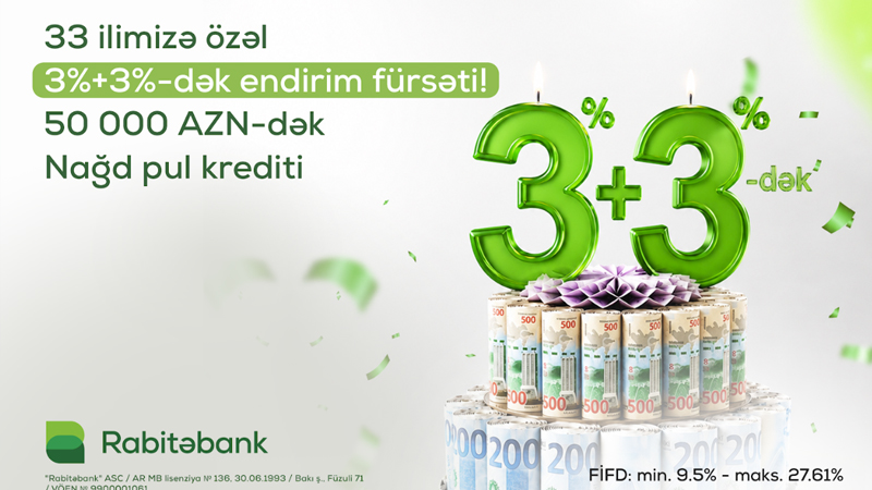 Rabitəbankdan 33 illik yubileyinə özəl Nağd pul krediti kampaniyası