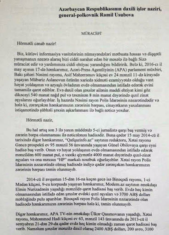 Jurnalistlərdən Ramil Usubova - Müraciət