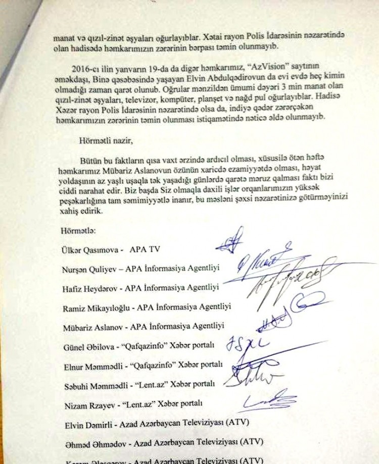 Jurnalistlərdən Ramil Usubova - Müraciət