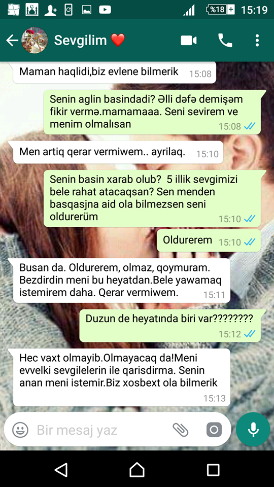 Azərbaycanda iki sevgilinin ayrılıq mesajı GÜNDƏMİ SİLKƏLƏYƏCƏK! - "SƏNİ ÖLDÜRƏRƏM..."