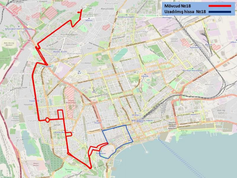 18 nömrəli marşrut xəttinin hərəkət trayektoriyası dəyişir - Görün nharacan uzadılacaq - XƏRİTƏ