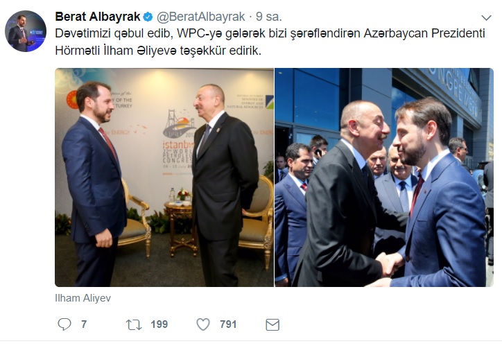 Ərdoğanın kürəkəni İlham Əliyevə təşəkkür etdi - Foto