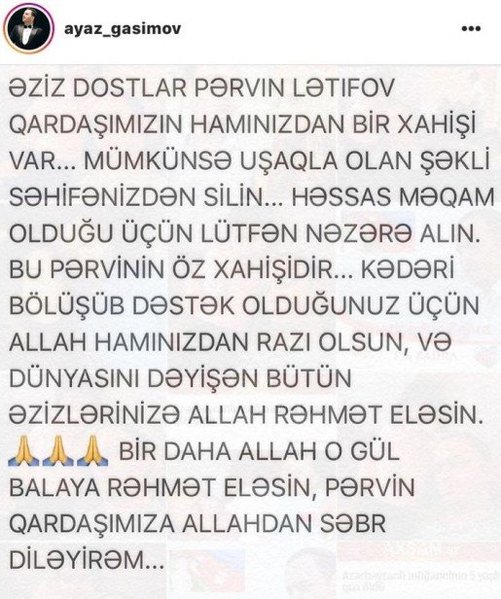 Qızını itirən Pərvin dostlarına MÜRACİƏT ETDİ: "Xahiş edirəm..."