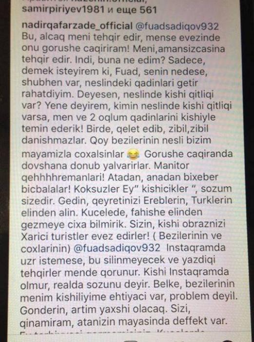 "Fahişə əlindən küçələrə gəzməyə çıxa bilmirik" - Nadir təhqir etdi