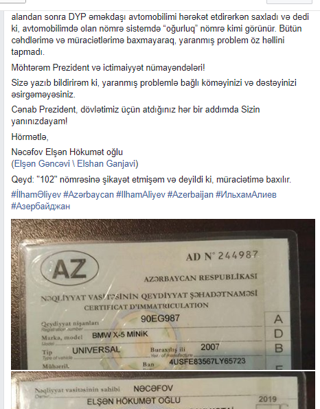 DYP jurnalistə oğurluq nömrə satdı - FOTO