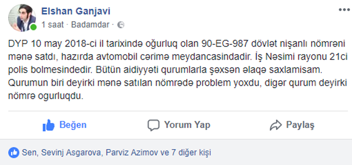 DYP jurnalistə oğurluq nömrə satdı - FOTO