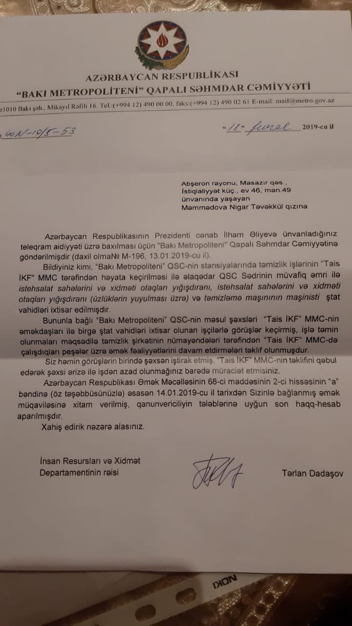 "Bakı Metropoliteni" QSC-də ilginc olay: İşçilər aldadılaraq işdən çıxarılır