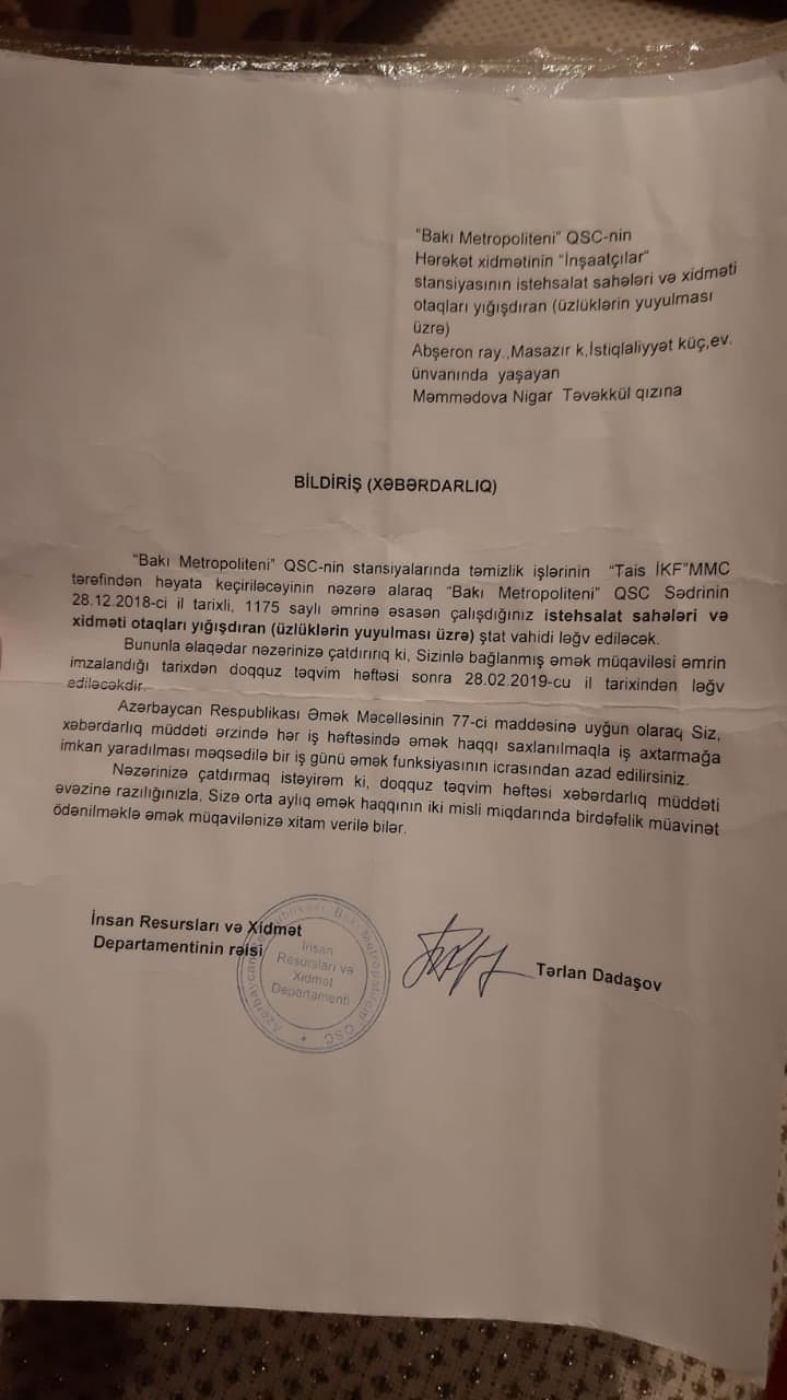 "Bakı Metropoliteni" QSC-də ilginc olay: İşçilər aldadılaraq işdən çıxarılır