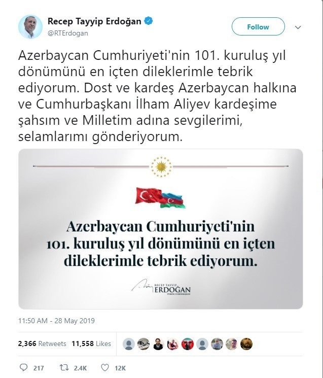 Ərdoğan Azərbaycan xalqını belə təbrik etdi – FOTO
