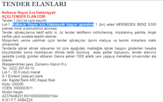 Kəlbəcərin icra başçısı 250 minlik maşın alır - FOTO