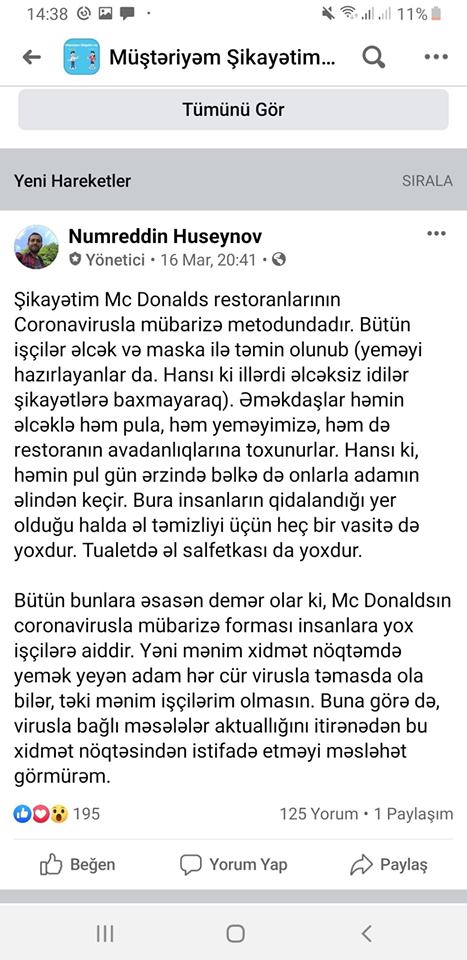 Sosial şəbəkədə çağırış: Mc Donalds restoranlarına getməyin