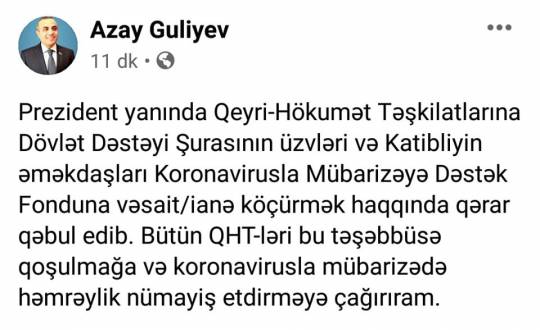 QHT Şurası da Koronavirusla Mübarizəyə Dəstək Fonduna vəsait köçürdü