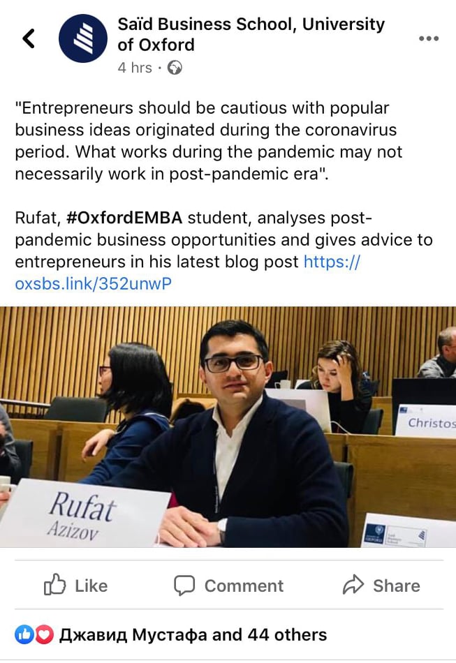 Oxford Universiteti Azərbaycanlı biznesmenin post-pandemiyaya dair məqaləsini dərc etdi