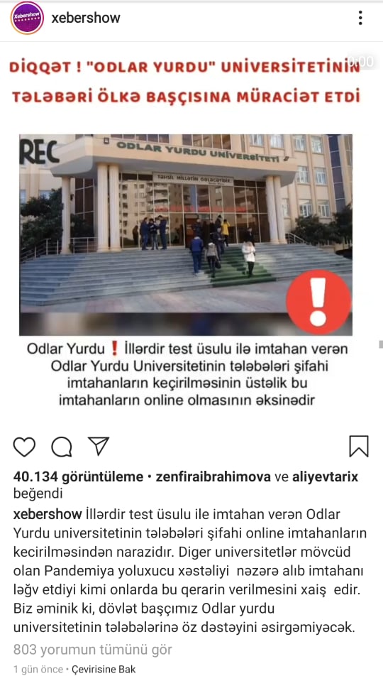 Odlar Yurdu Universitetində narazılıq – Tələbələr Prezidentə müraciət etdi