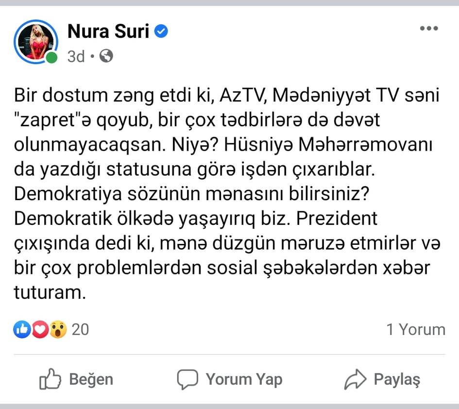 Nura Suri AzTv-yə “od püskürdü”: “Demokratiya sözünün mənasını bilirsiniz?”