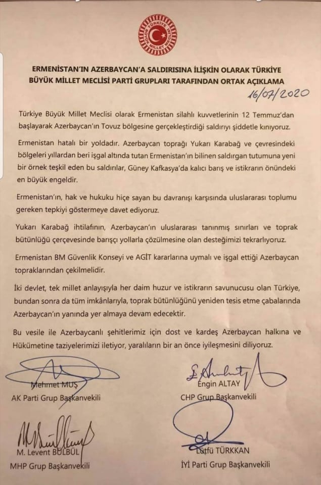 Türkiyədə partiyalar Azərbaycan üçün birləşdi – ORTAQ BƏYANAT