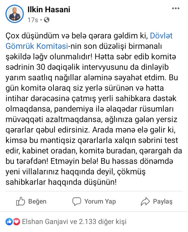 Tanınmış aktyor Gömrük Komitəsinin qərarını “Nağıllar aləminə səyahət” adlandırdı