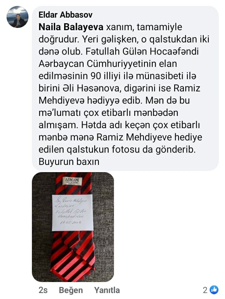 Nailə Balayeva: Fətullah Gülən Əli Həsənova qalstuk bağışlayıb