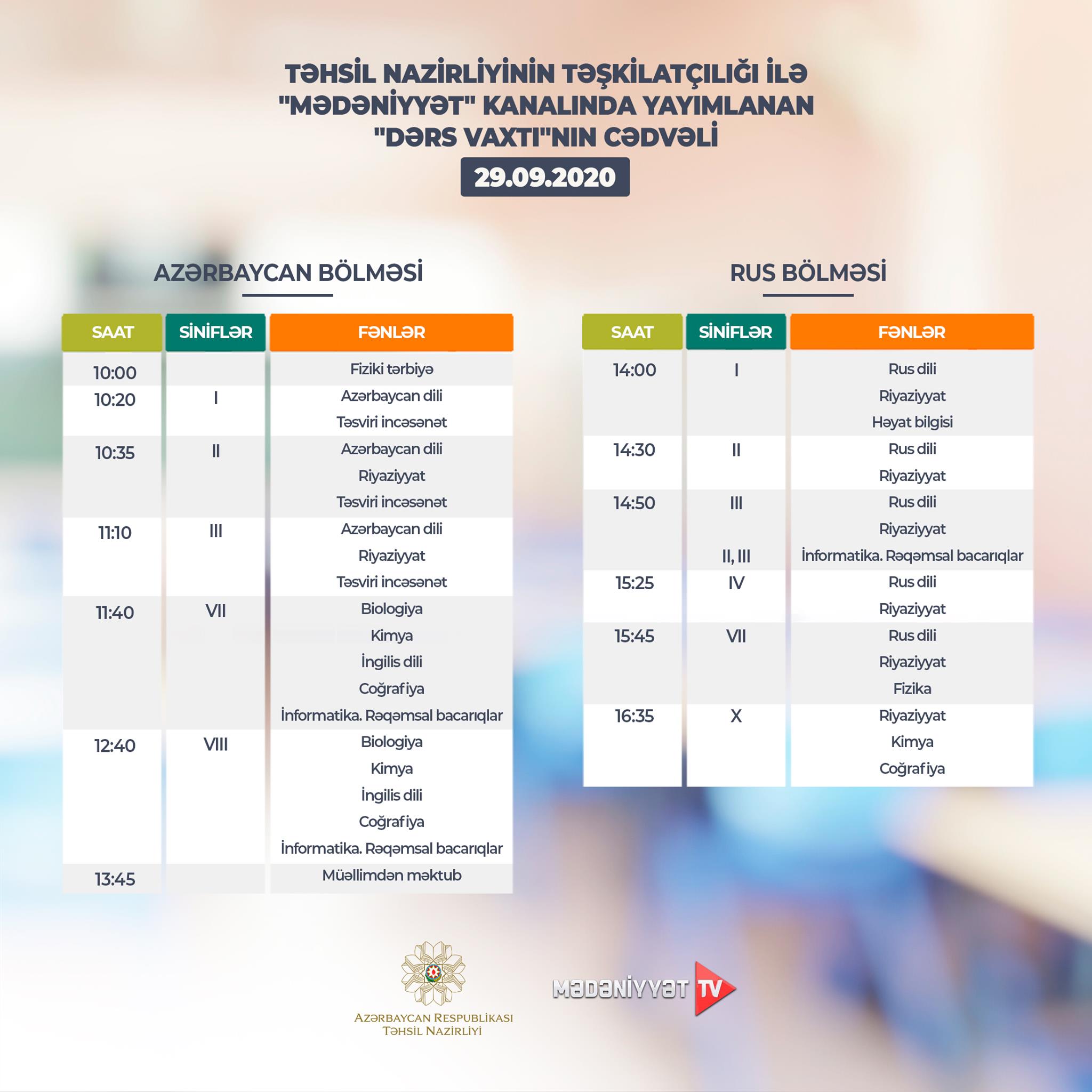 "Dərs vaxtı"nın 29 sentyabr cədvəli açıqlandı