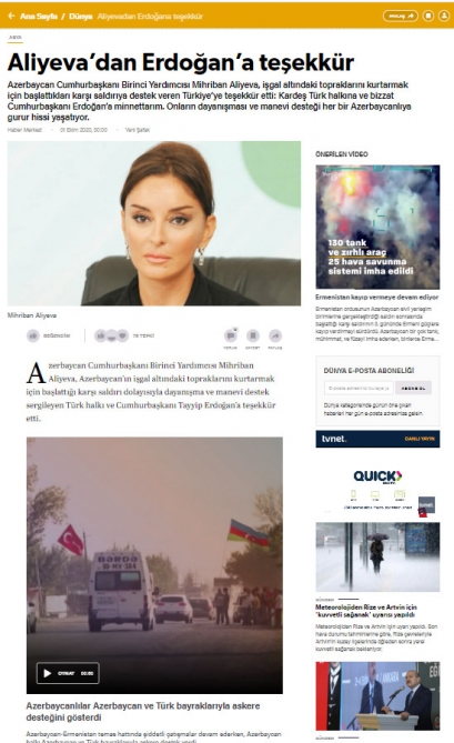 Mehriban Əliyevanın Qarabağla bağlı arzuları Türkiyə mediasında - FOTOLAR