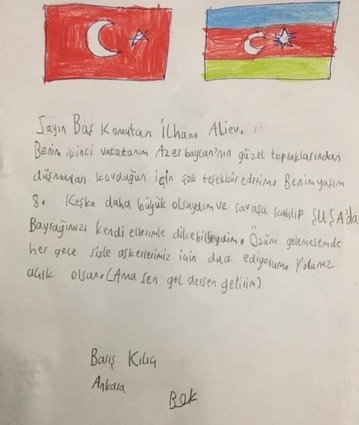 Türkiyəli cocuqdan İlham Əliyevə məktub: “Şuşaya bayrağı mən sancım…”