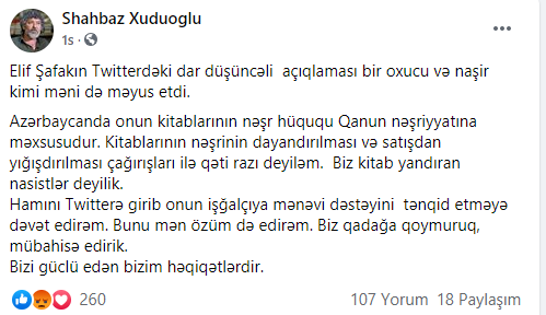 “Elif Şafakın kitablarının satışdan yığışdırılması ilə qəti razı deyiləm” – Şahbaz Xuduoğlu