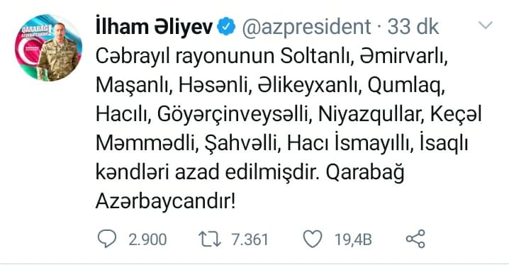 "Cəbrayılın 13 kəndi azad edilib" - Prezident
