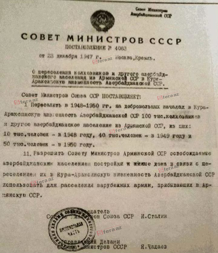 İosif Stalinin ermənilərə saxta vətən yaradan 1947-ci il qərarı – TAM MƏTN + SƏNƏDİN FOTOSU