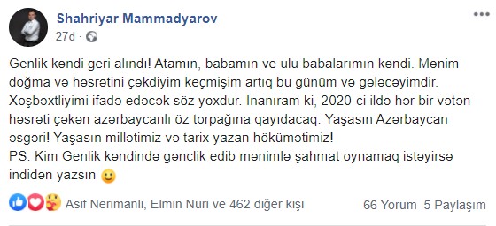 Şəhriyar Məmmədyarovun da kəndi azad edildi - FOTO