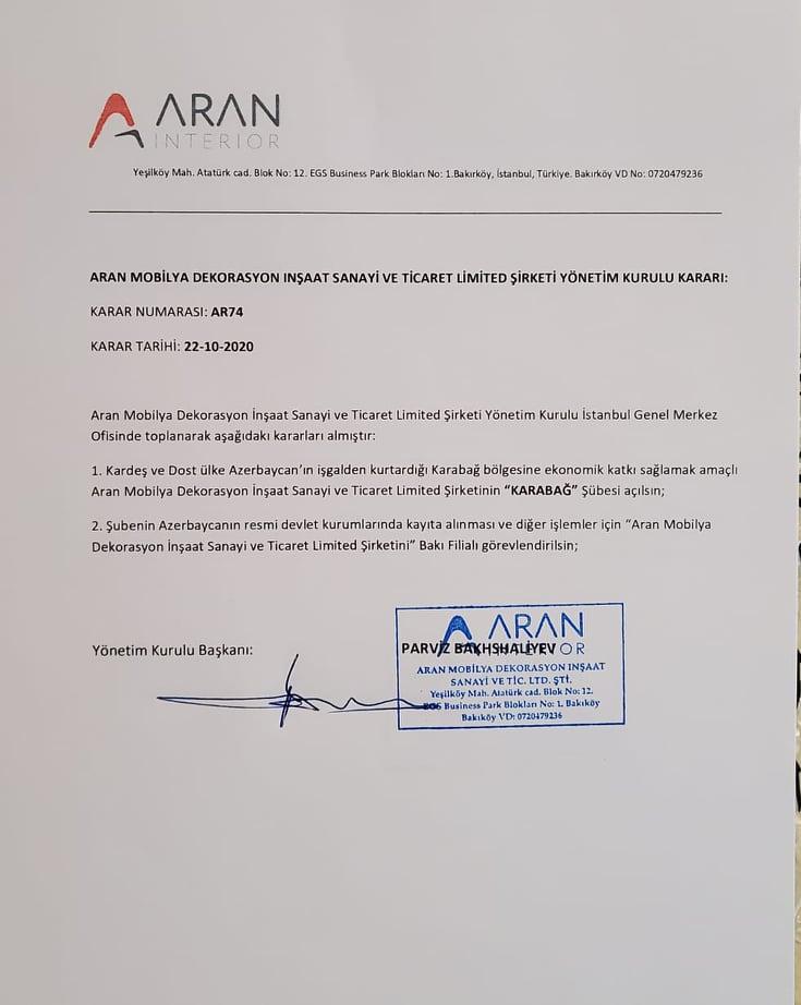 Türkiyə şirkəti Qarabağda şöbəsini açmağa hazırlaşır