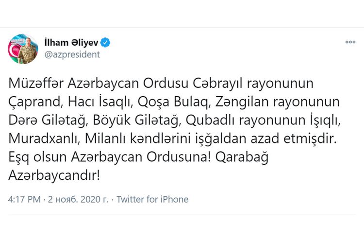 Daha 8 kənd işğaldan azad edildi - Prezident elan etdi