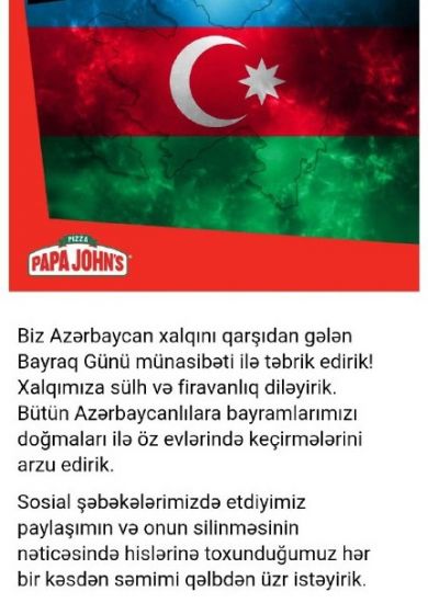 "Papa Johns" Azərbaycan xalqından üzr istədi