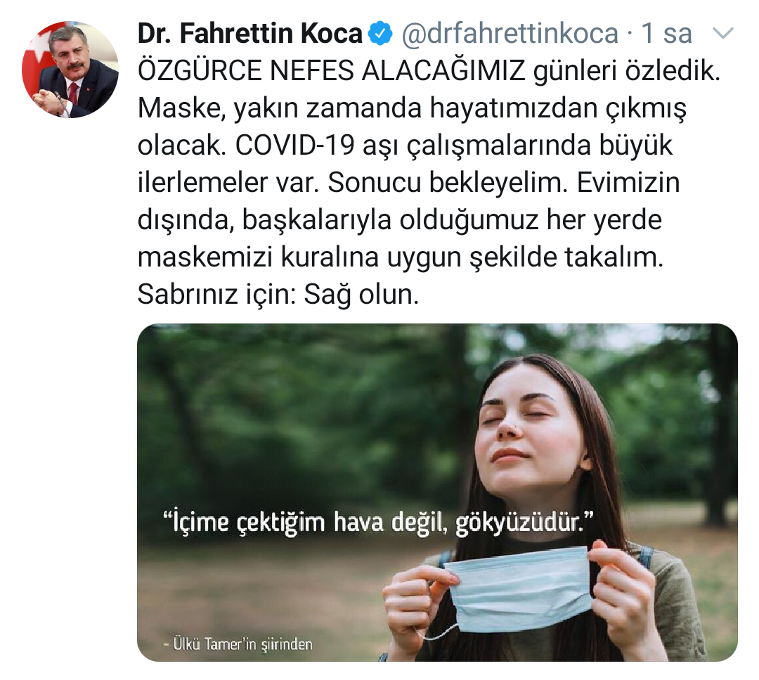 Türkiyəli nazir şad xəbər verdi: "Maska tezliklə həyatımızdan çıxacaq”