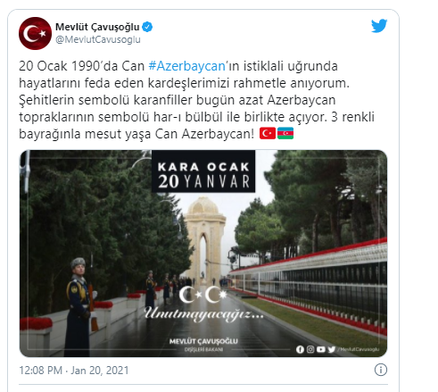 “Qərənfillər xarıbülbüllə birgə çiçəkləyir” - Çavuşoğlu 20 Yanvar şəhidlərini andı