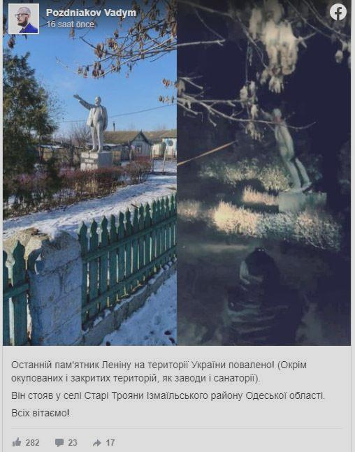 Ukraynada Leninin sonuncu heykəli də söküldü - FOTO
