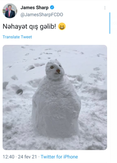Britaniyalı səfirdən Bakıya yağan qarla bağlı zarafat - FOTO