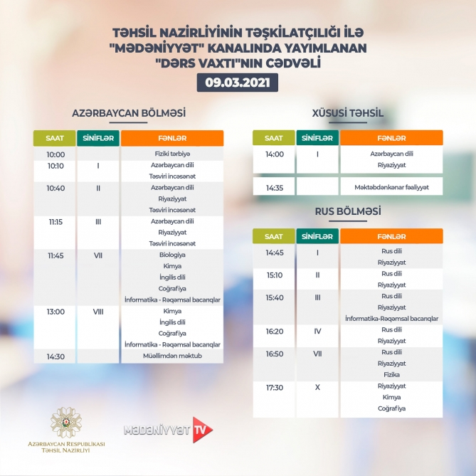 Teledərslərin martın 9-na olan cədvəli