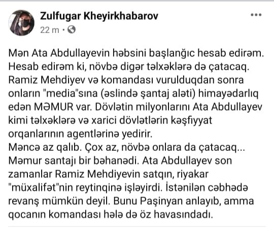 "Ata Abdullayevin həbsi başlanğıcdır, növbə digər təlxəklərə də çatacaq" - Tanınmış jurnalist