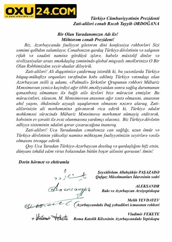 Şeyxin Ərdoğana yazdığı məktub yayıldı - Mübariz Mənsimovun xahişini edib?