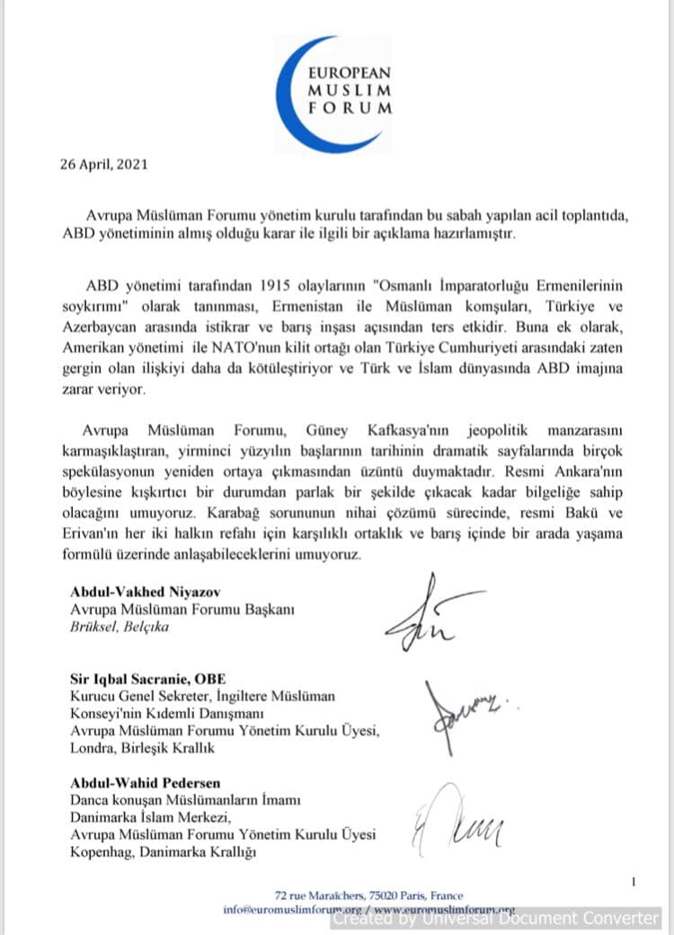 Avropa Müsəlman Forumu qondarma soyqırımla bağlı bəyanat yaydı - FOTO