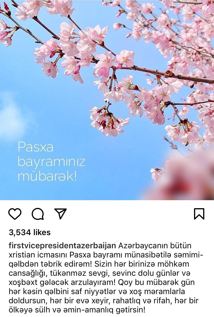 Mehriban Əliyeva xristian icmasını Pasxa bayramı münasibətilə təbrik etdi - FOTO